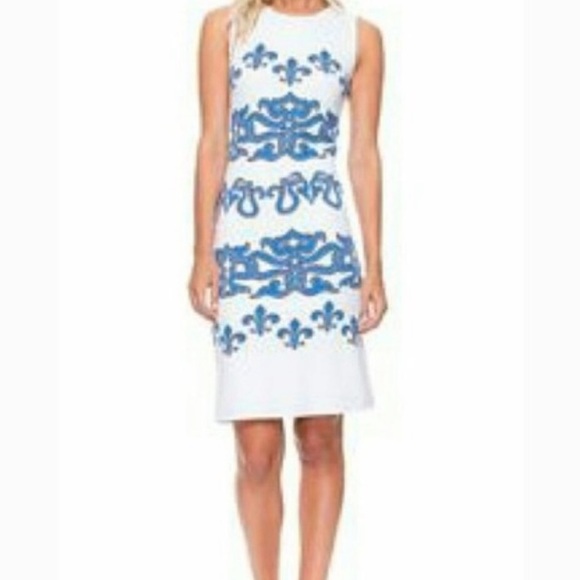 J. McLaughlin Sophia Dress Byzantium Fleur De Lis Size Medium White Blue - Picture 5 of 7